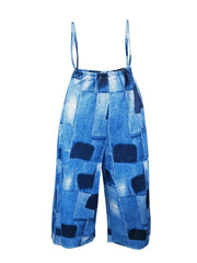 Denim Print Wide Leg Overall Jumpsuit Casual Overall Jumpsuit