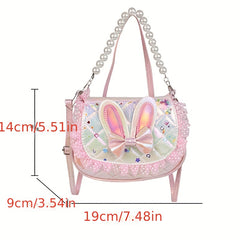 Sequin Rabbit Ears Handbag with Faux Pearl Handle for Girls