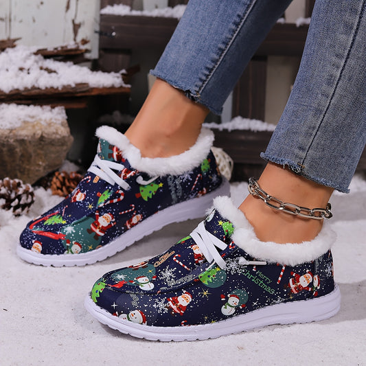 Women's Christmas Snow Boots Santa Claus Pattern Plush Comfort Flats