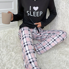 Letter Print Pajama Set Long Sleeve Crew Neck Top & Plaid Pants