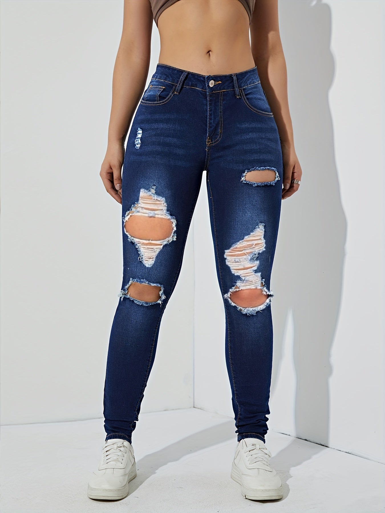 High Waist Skinny Jeans Stretch Distressed Slim Fit Denim Pants