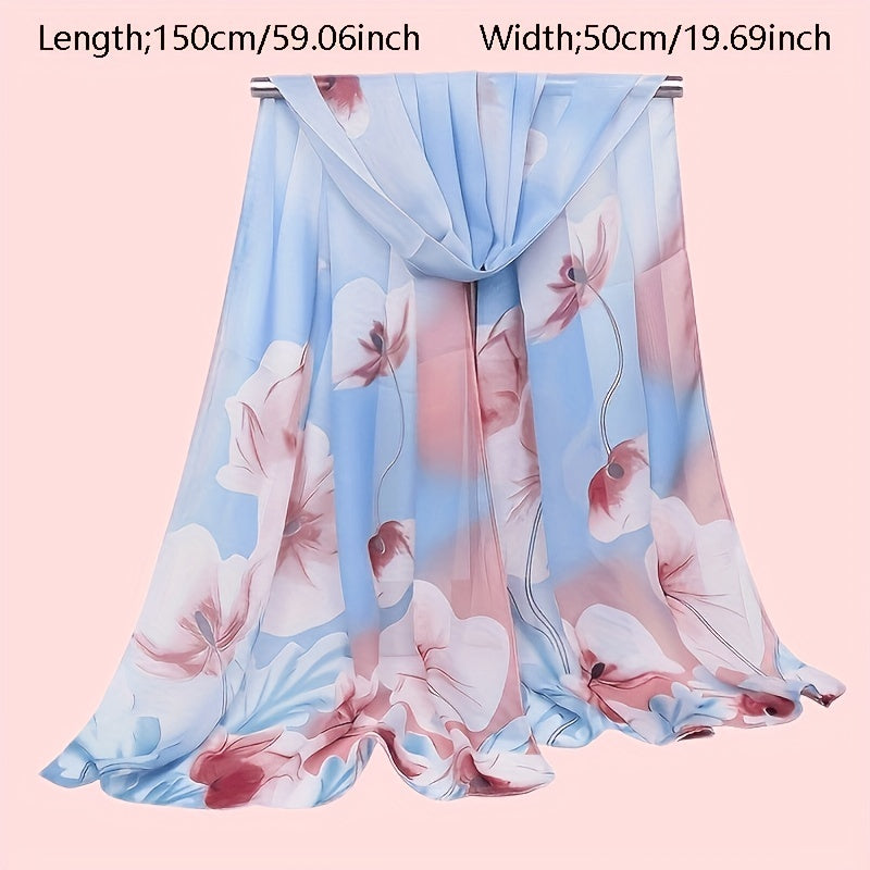 Chiffon Large Flower Print Scarf Colorful Thin Shawl Women