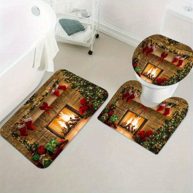 Christmas Fireplace Shower Curtain Set with 12 Hooks