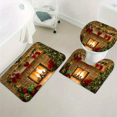 Christmas Fireplace Shower Curtain Set with 12 Hooks