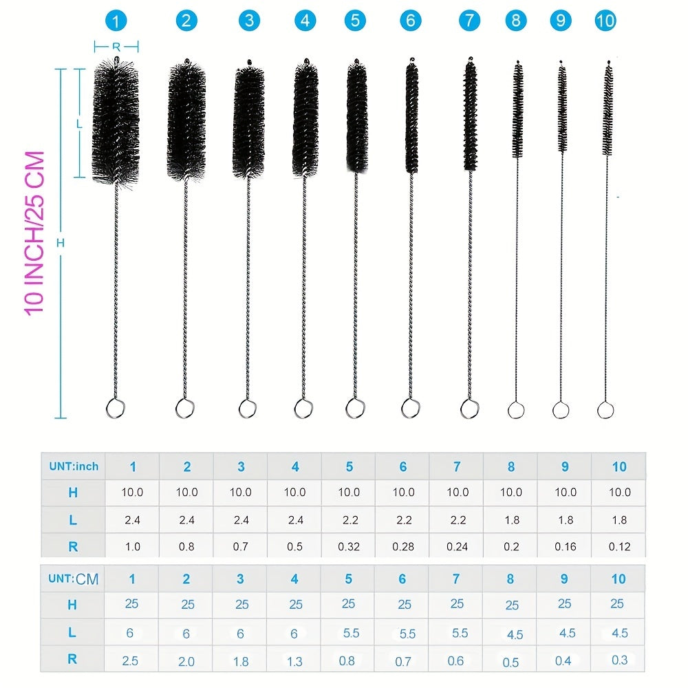 10pcs Bottle Cleaning Brushes Nylon Tube Brush Set with Hook
