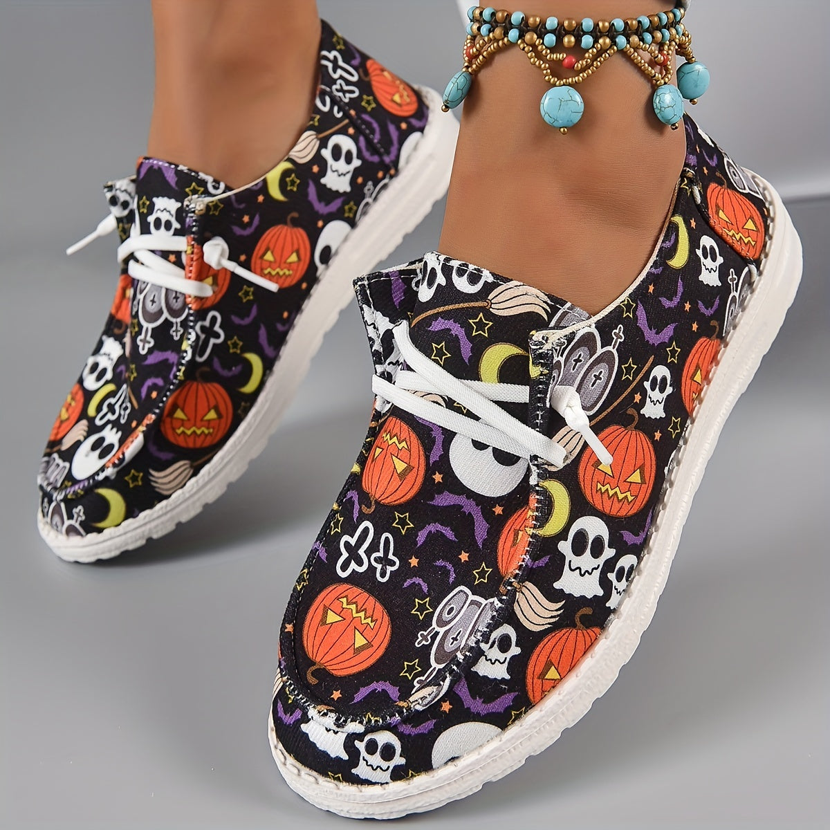 Women's Pumpkin Print Canvas Shoes Lightweight Lace Up Outdoor Shoes