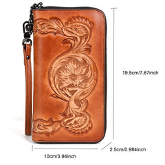 Vintage Floral Print Leather Wallet Women Zippered Clutch Red Brown