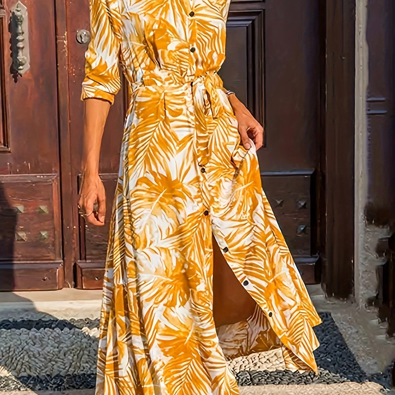 Leaf Print Button Up Maxi Dress