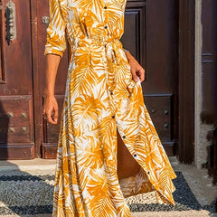 Leaf Print Button Up Maxi Dress