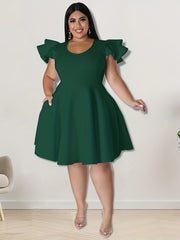 Solid Ruffle Sleeve A-Line Cocktail Party Dress With Pocket