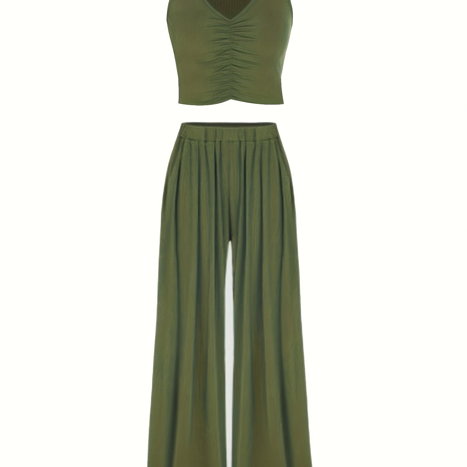 Solid Two Piece Set Sleeveless V Neck Tank Top & Wide Leg Pants