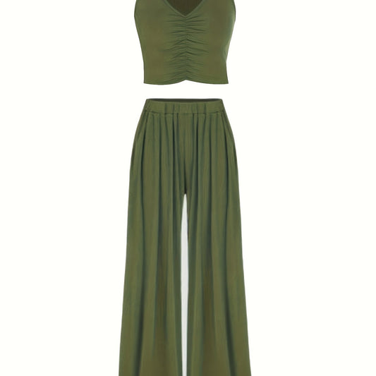 Solid Two Piece Set Sleeveless V Neck Tank Top & Wide Leg Pants