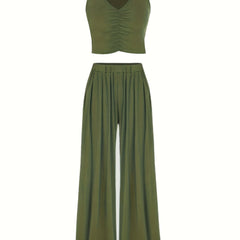 Solid Two Piece Set Sleeveless V Neck Tank Top & Wide Leg Pants