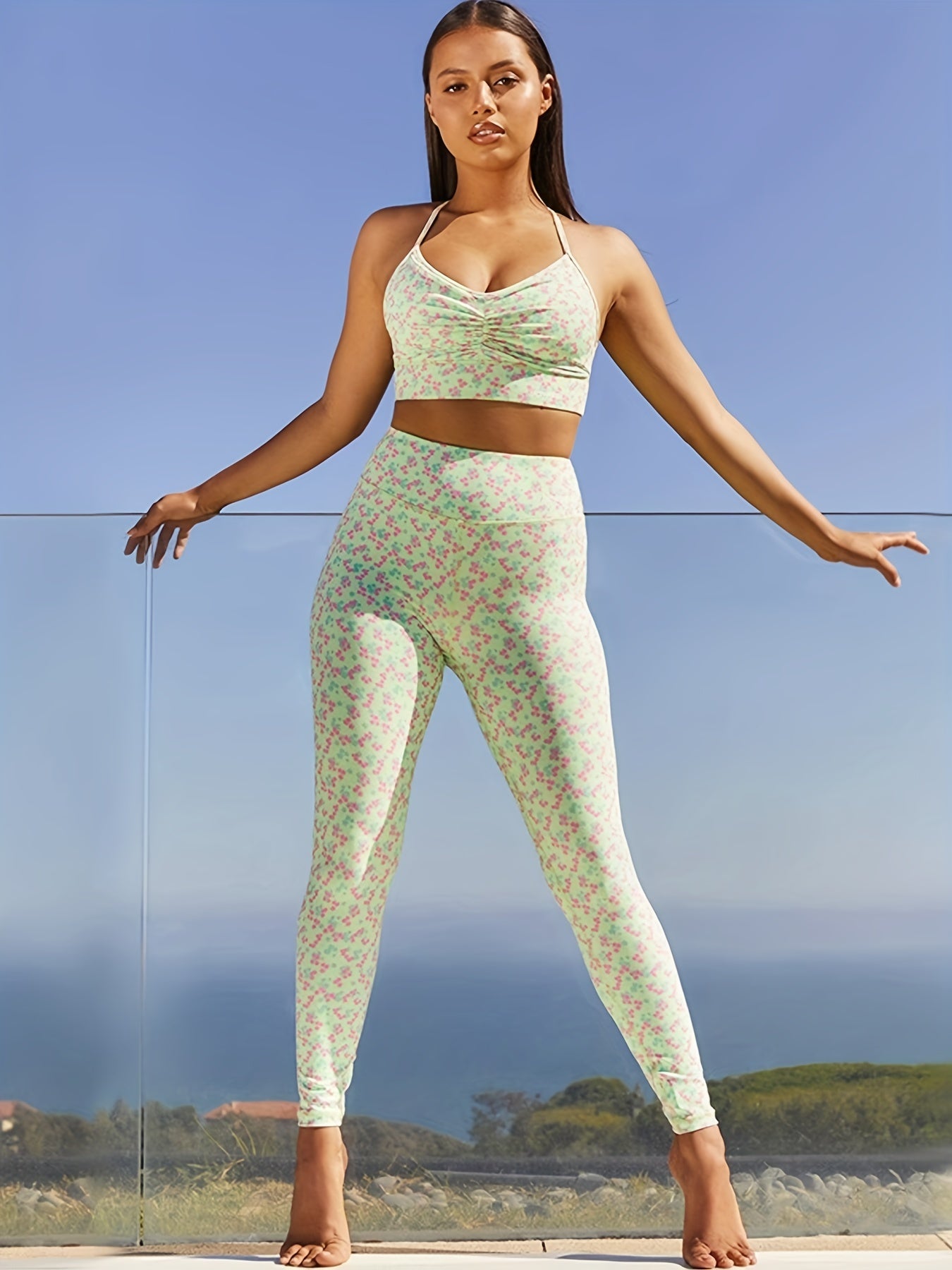 Floral Print Yoga Suit: Cami Bra & High Waist Leggings