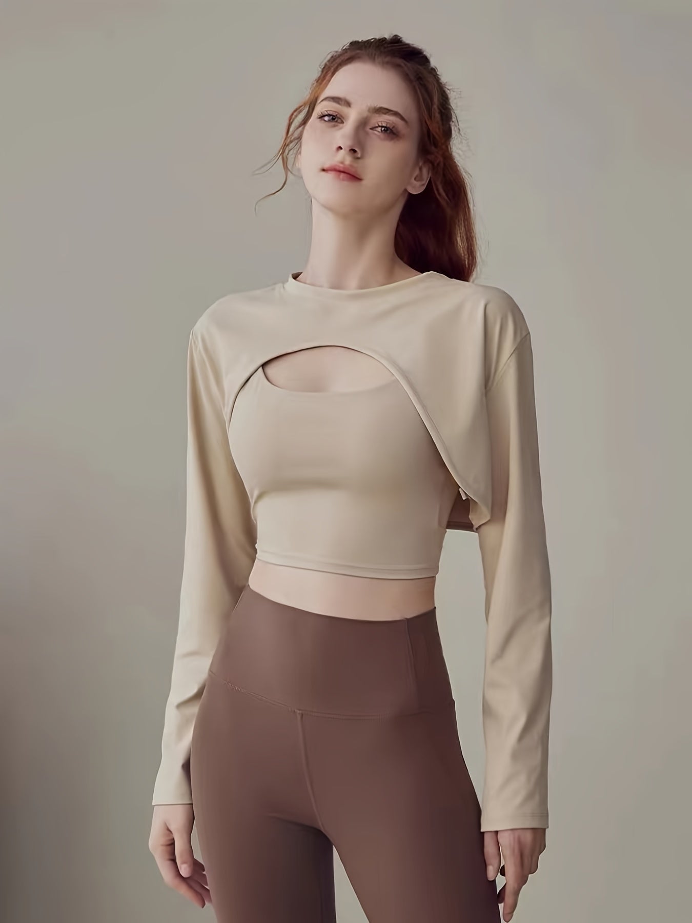 2pcs Crew Neck Long Sleeve Cover Up Shrug & Crop Tank Top