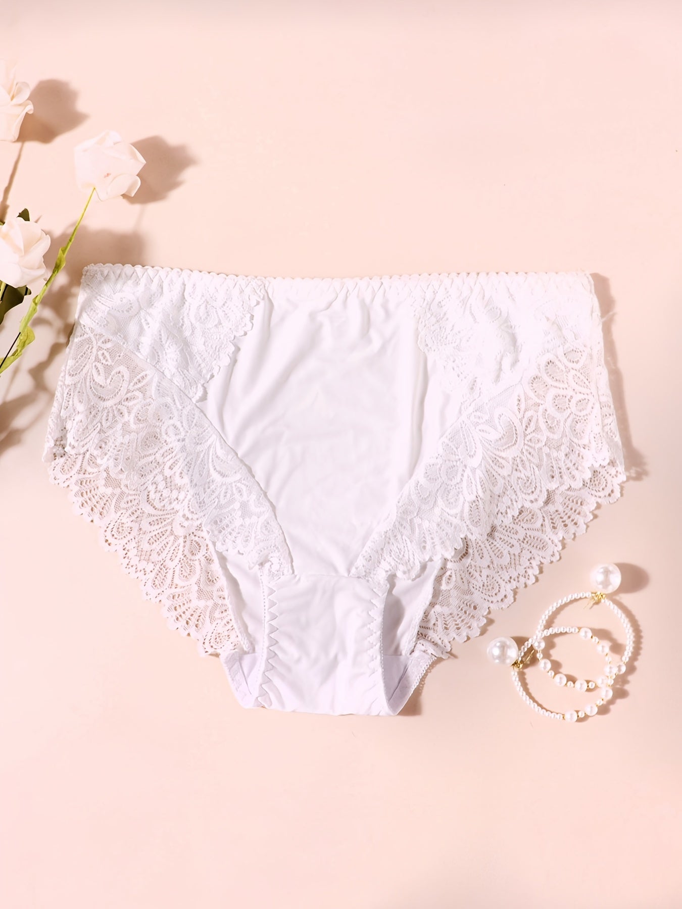 Lace Mid Waist Solid Panties Women's Plus Sexy Panties