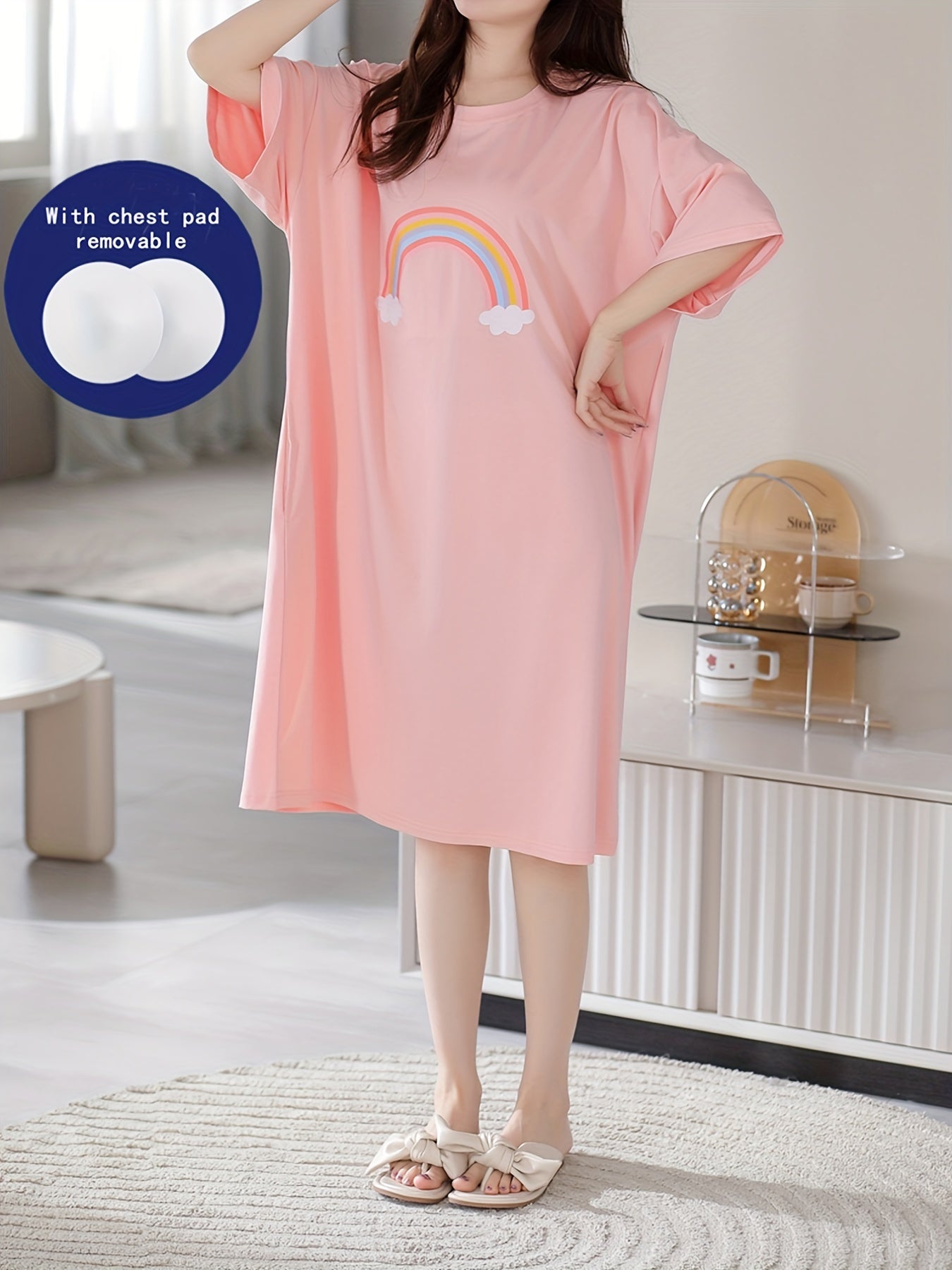 Rainbow Print Pullover Pajama Dress Mid Sleeve Nightgown