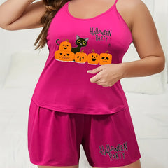 Pumpkin & Cat Print Cami Top & Shorts Loungewear Set