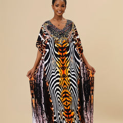 Boho Style Cover Up Dress V Neck Loose Fit Split Beachwear Kaftan