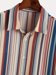 Vertical Striped Lapel Short Sleeve Button Up Shirt for Men