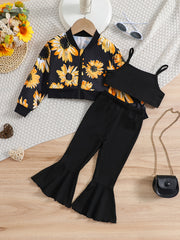 Girls 3pcs Sunflower Print Set - Cami Crop Tops, Flare Leg Pants, Zipper Jacket