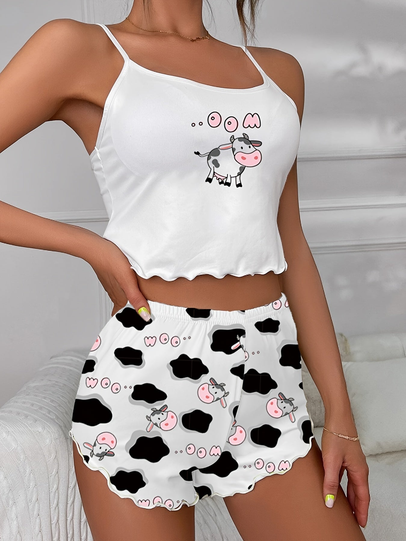 Cow Print Pajama Set Crew Neck Cami & Shorts Women's Sleepwear