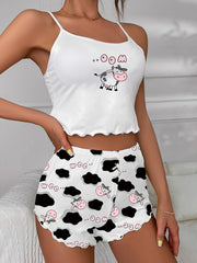Cow Print Pajama Set Crew Neck Cami & Shorts Women's Sleepwear