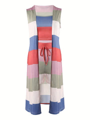 Casual Block Two piece Set Sleeveless Coat Cami Top Drawstring Shorts
