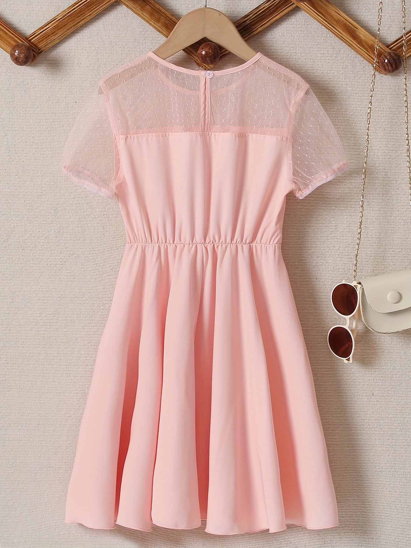Girl's Contrast Mesh Short Sleeve A Line Dress For Party Beach Vacation
