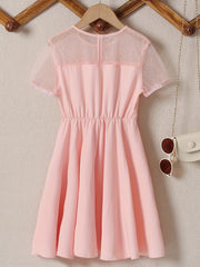 Girl's Contrast Mesh Short Sleeve A Line Dress For Party Beach Vacation