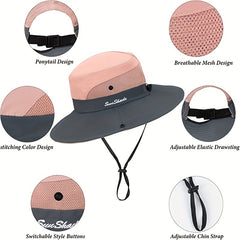 Quick Drying Ponytail Sun Hat Wide Brim Boonie Hat UV Protection Bucket Hat