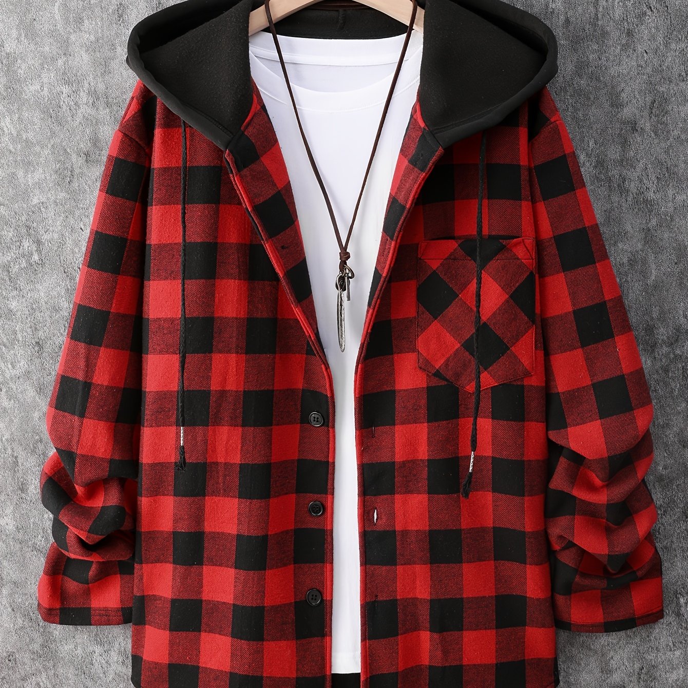 Men's Plaid Hooded Shirt Jacket Long Sleeve Regular Fit Coat