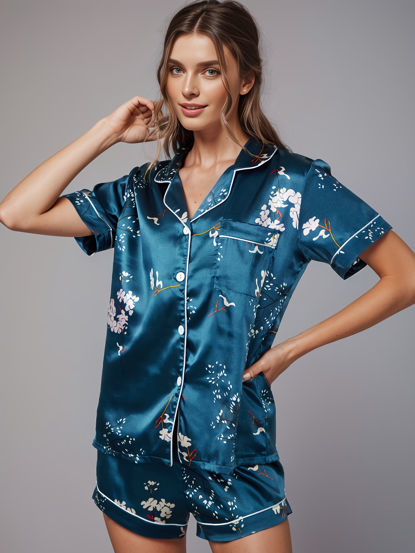 Floral Print Pajamas Set Lightweight Button Up Top & Elastic Waistband Shorts