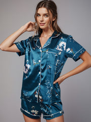 Floral Print Pajamas Set Lightweight Button Up Top & Elastic Waistband Shorts