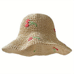 Vintage Straw Bucket Hat Cherry Ruffles Sun Hat