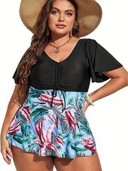 Vacay Tankini Set Women's Plus Contrast Tropical Print