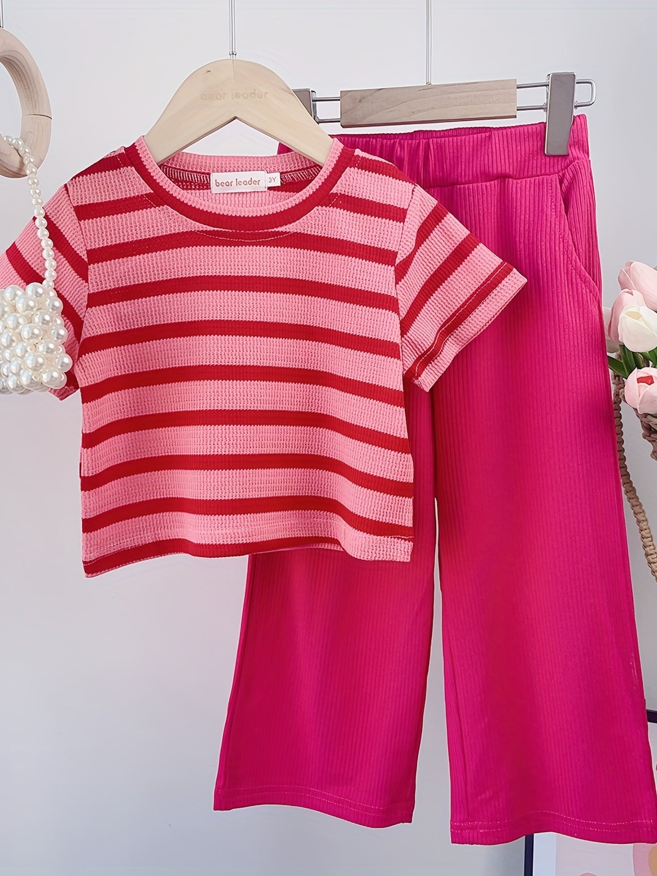 Toddler Girl's Cable Knit 2pcs Stripe Pattern T shirt & Ribbed Pants Set