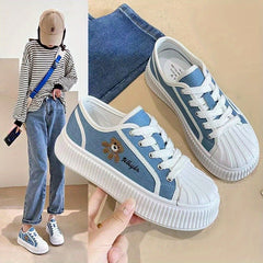 Women's Bear Pattern Platform Canvas Sneakers Soft Sole Skate Shoes
