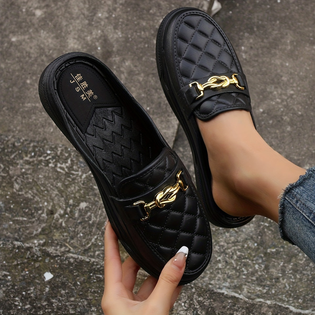 Metal Chain Decor Flat Mules Closed Toe Slippers