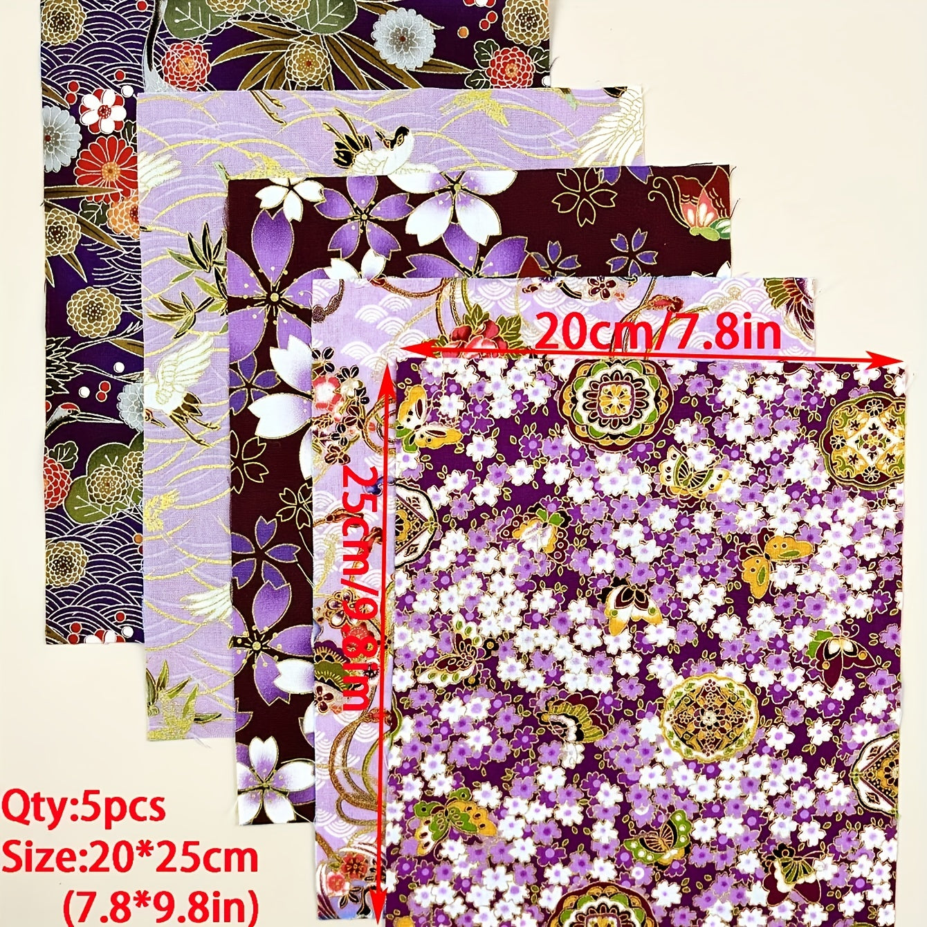 5pcs Japanese Style Purple Flower Cotton Quilting Fabric DIY Clipping Cloth