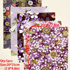 5pcs Japanese Style Purple Flower Cotton Quilting Fabric DIY Clipping Cloth