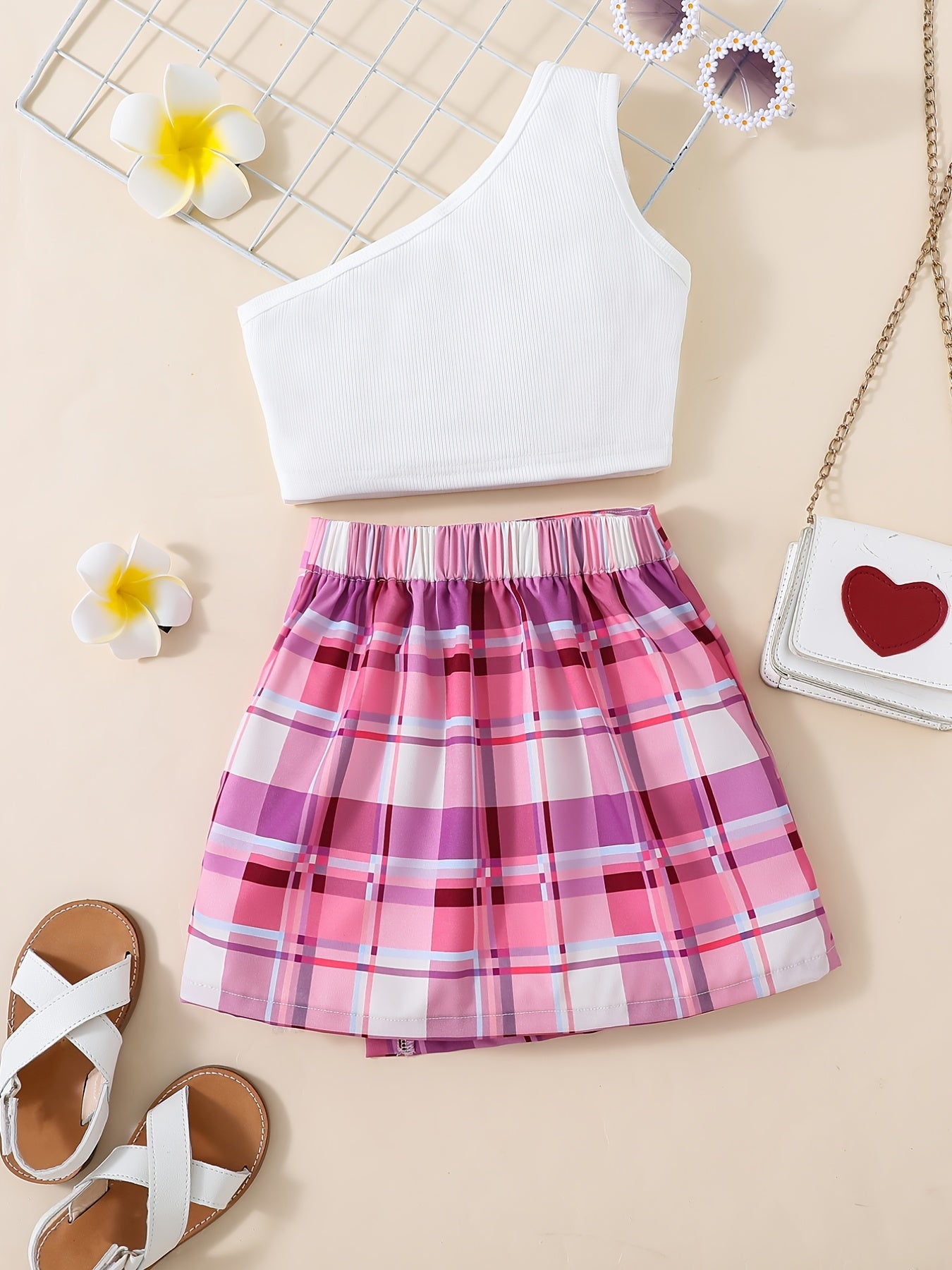 2pcs Toddler Girls Ribbed Crop Top Plaid Button Skirt Set