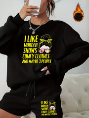 2 Piece Set Women's Slogan & Cartoon Print Sweatshirt & Shorts