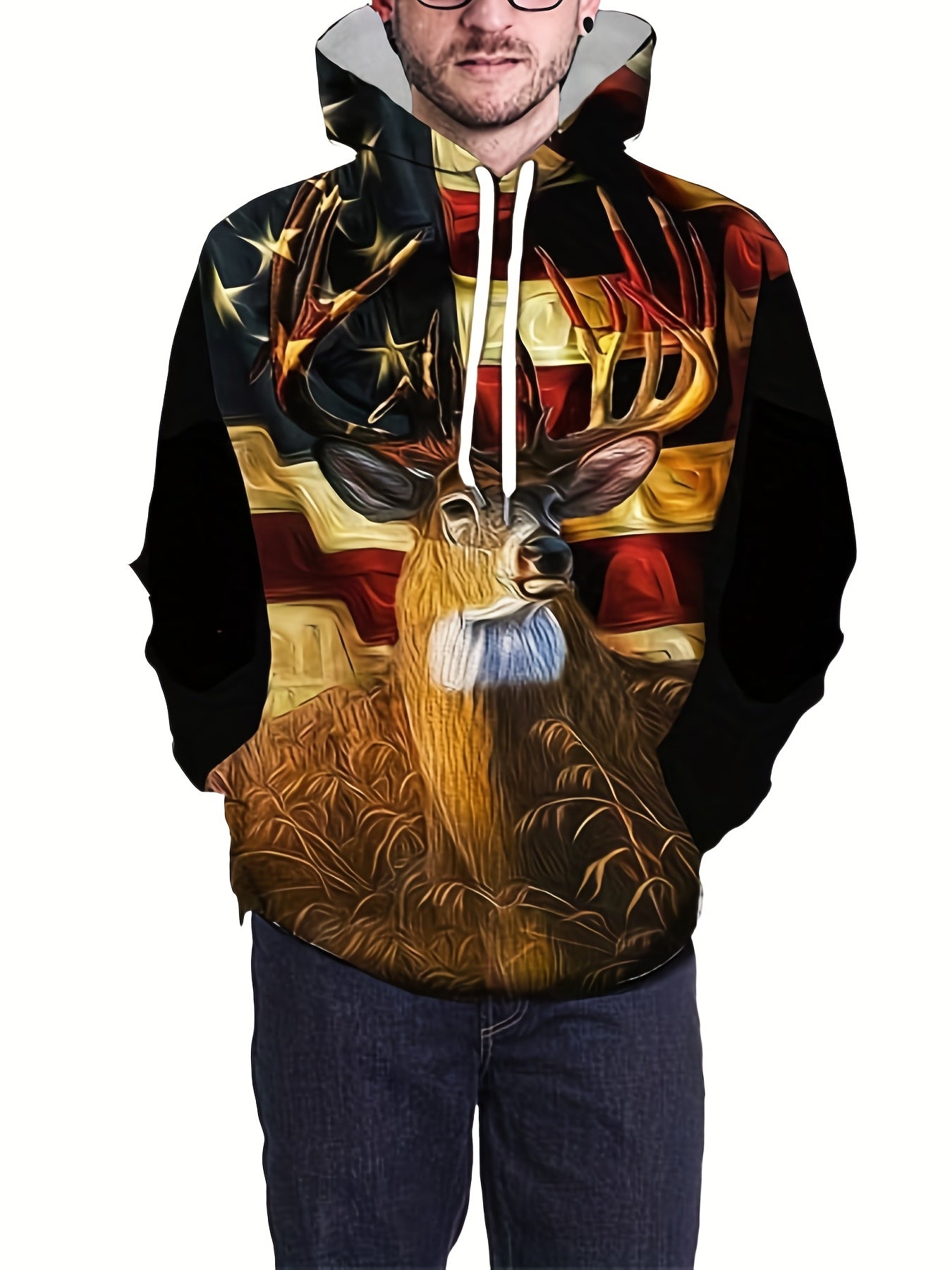 Flag Deer 3D Print Hoodies For Men Graphic Hoodie With Kangaroo Pocket