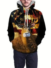 Flag Deer 3D Print Hoodies For Men Graphic Hoodie With Kangaroo Pocket