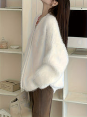 Fuzzy Button Front Knit Cardigan V Neck Long Sleeve Sweater