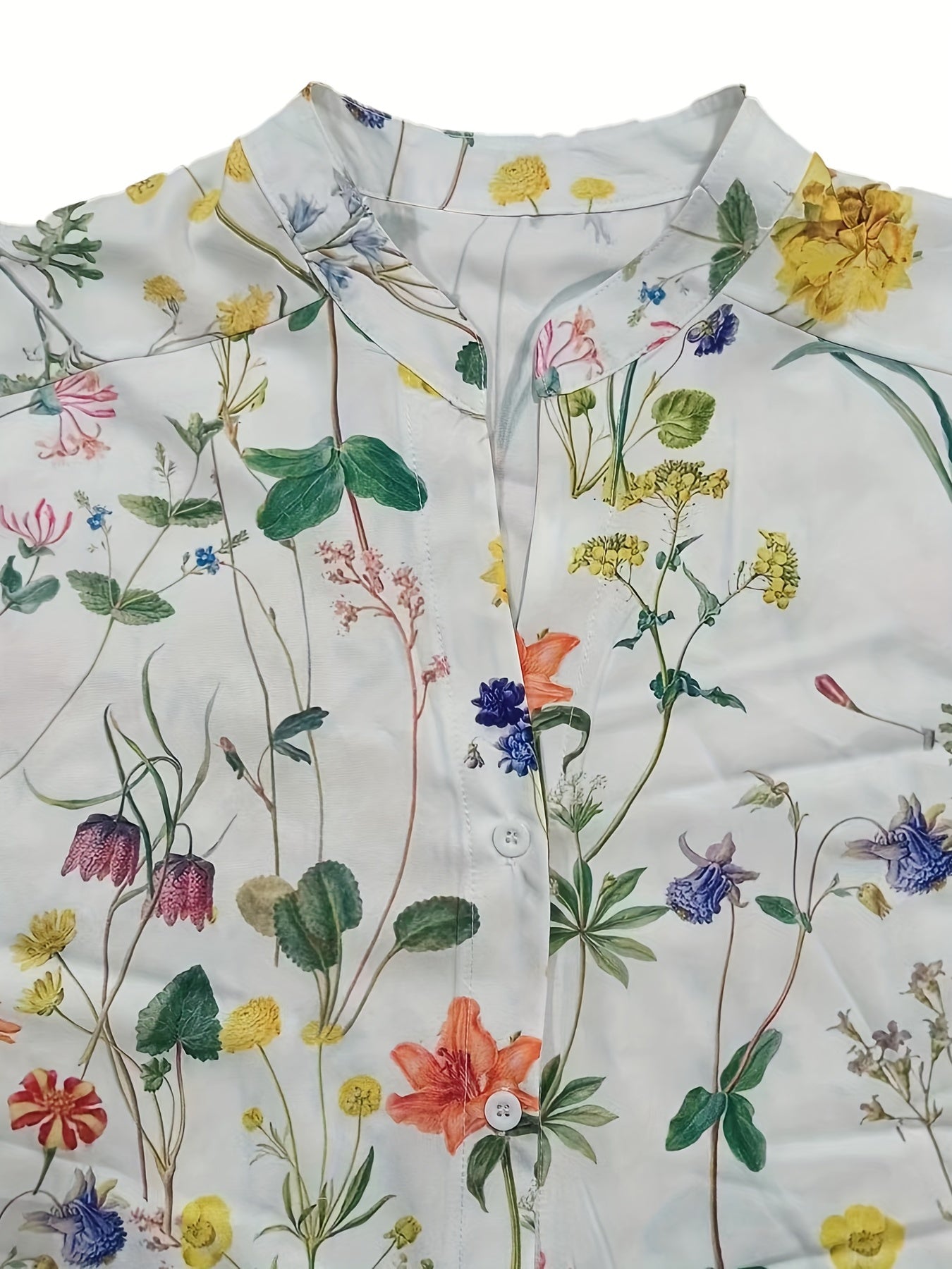 Women's Plus Floral Print Button Up Bat Sleeve Notched Neck Blouse