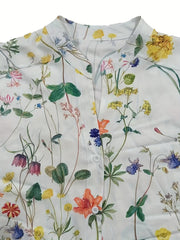 Women's Plus Floral Print Button Up Bat Sleeve Notched Neck Blouse