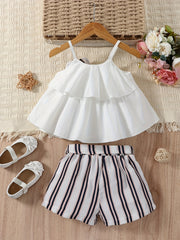 Girls Ruffled Cami Top & Striped Bow Belt Shorts Set