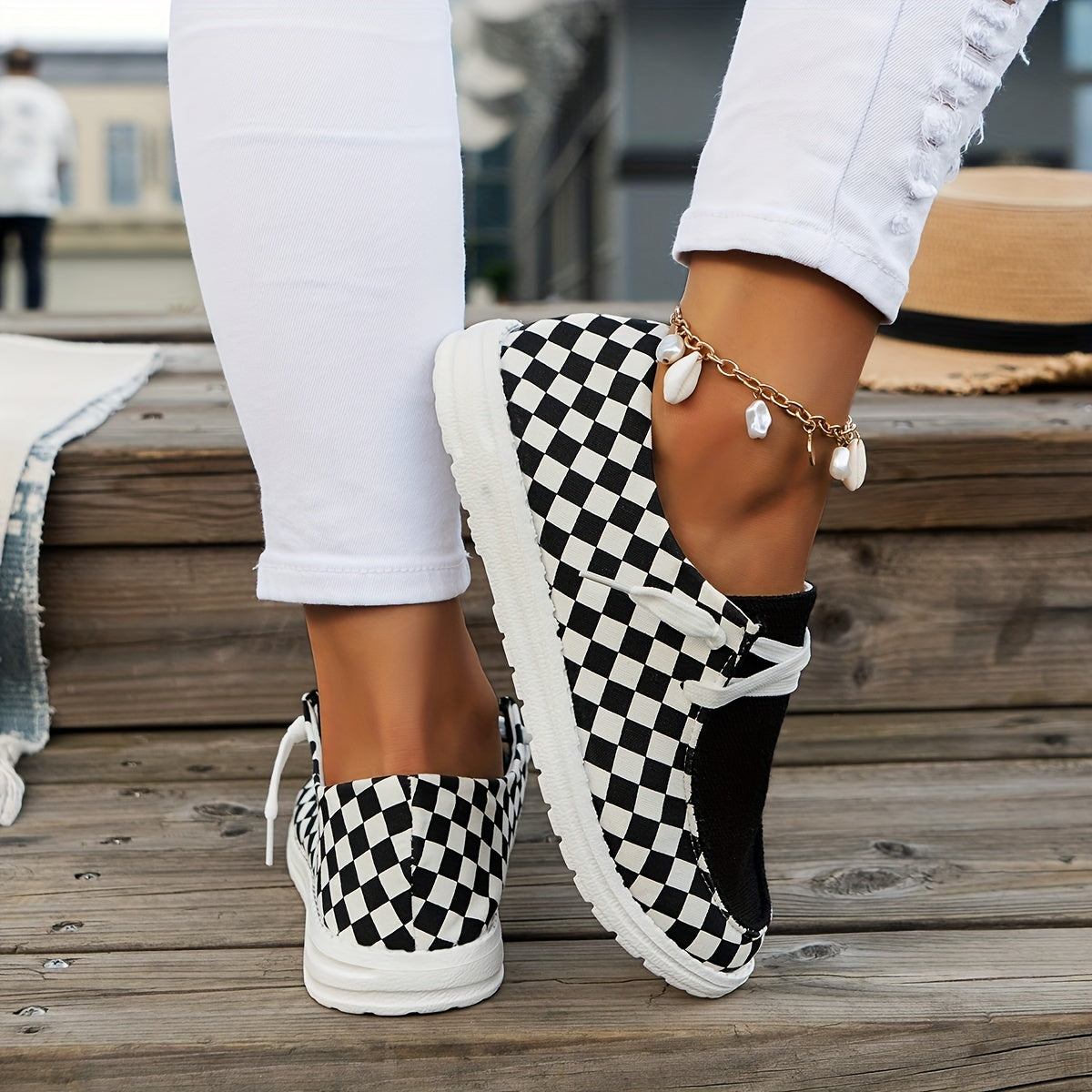 Women's Checkerboard Loafers Platform Canvas Sneakers